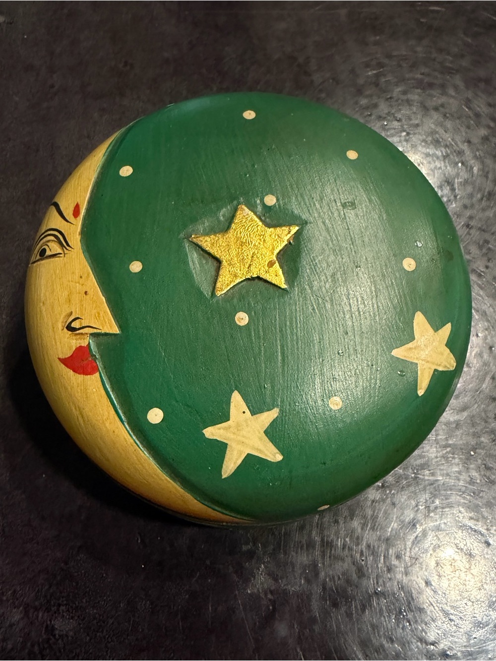 Vintage 90s Celestial Sun Moon Stars Hand Painted Wood Trinket Box Green Gold